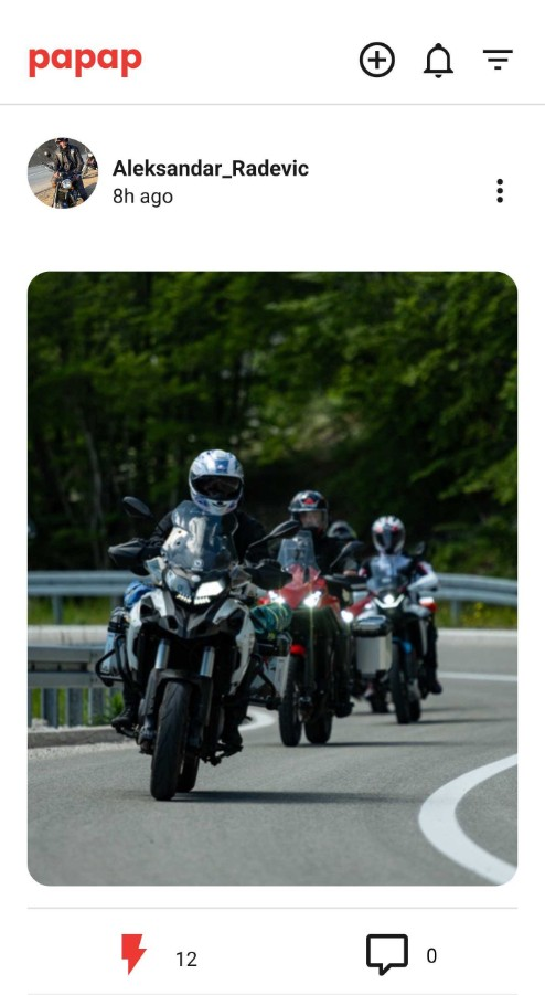 Papap app showing Moments feed and group rides